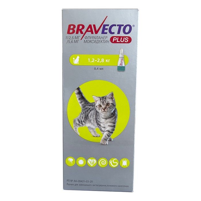 Bravecto Plus Краплі від бліх, кліщів і глистів для котів