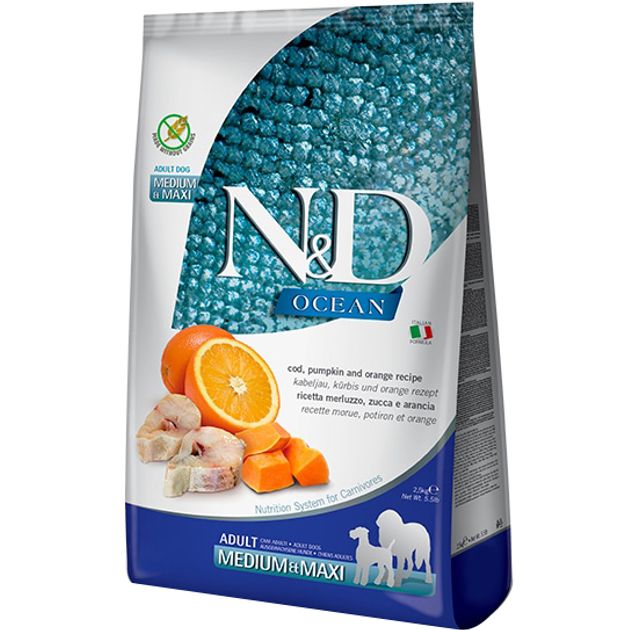 Farmina N&D (Ocean) Grain Free Cod, Pumpkin & Orange Adult Medium & Maxi, з тріскою та апельсином