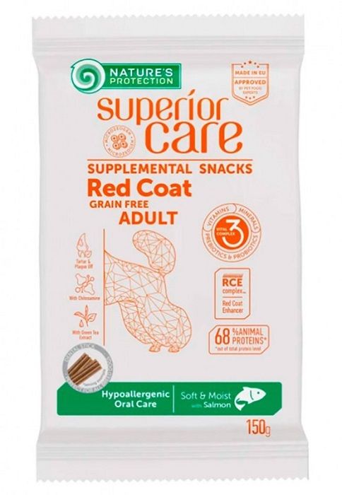 Natures Protection Dog Snack Superior Care Red Coat Hypoallergenic Oral Care Беззернові для дорослих собак з рудим забарвленням з лососем